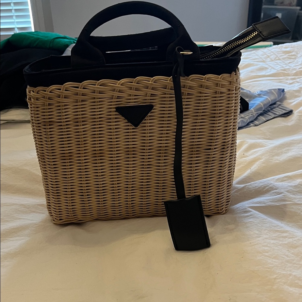 Woven Straw Tote Bag with Black Trim